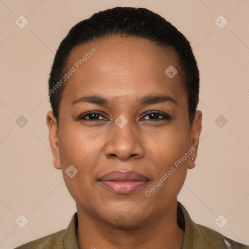 Joyful latino young-adult female with short  black hair and brown eyes