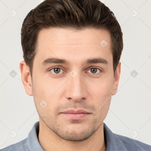 Neutral white young-adult male with short  brown hair and brown eyes