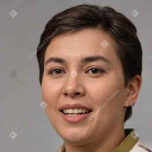 Joyful white young-adult female with medium  brown hair and brown eyes