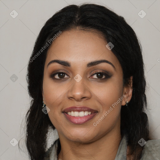 Joyful latino young-adult female with long  black hair and brown eyes