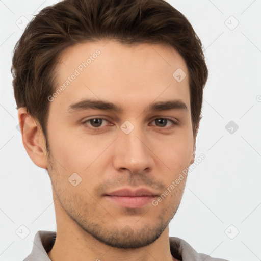 Neutral white young-adult male with short  brown hair and brown eyes