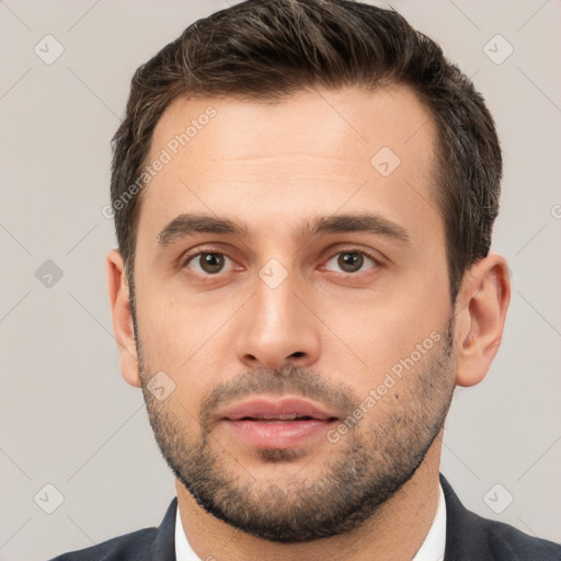 Neutral white young-adult male with short  brown hair and brown eyes