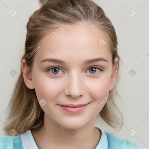 Joyful white child female with medium  brown hair and blue eyes