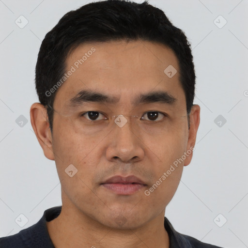 Neutral asian young-adult male with short  black hair and brown eyes