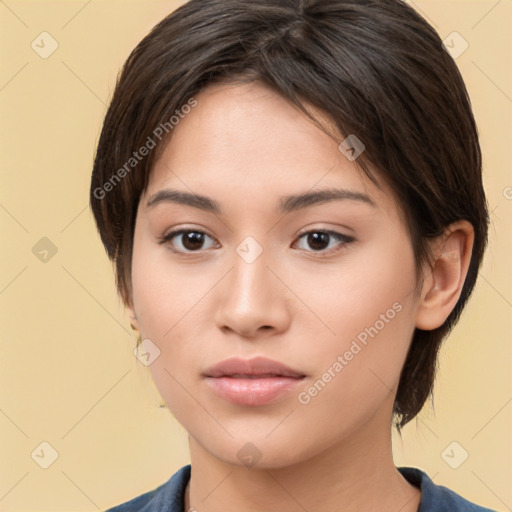 Neutral white young-adult female with medium  brown hair and brown eyes