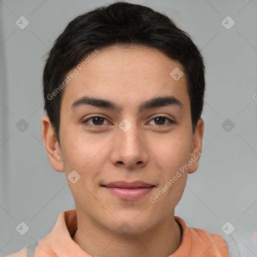 Joyful latino young-adult male with short  brown hair and brown eyes