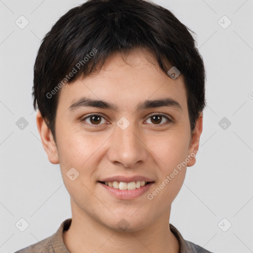 Joyful white young-adult male with short  brown hair and brown eyes