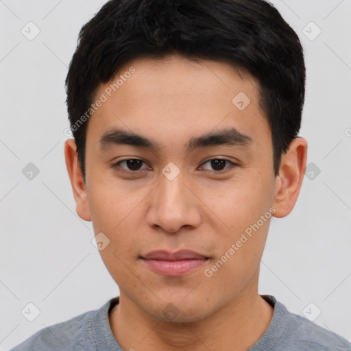 Neutral asian young-adult male with short  black hair and brown eyes