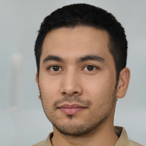 Neutral asian young-adult male with short  black hair and brown eyes