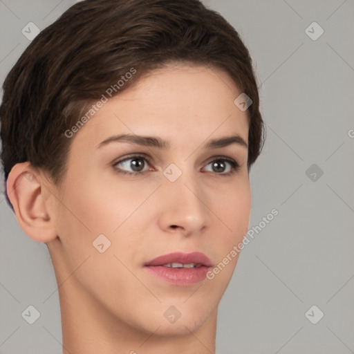 Neutral white young-adult female with short  brown hair and brown eyes