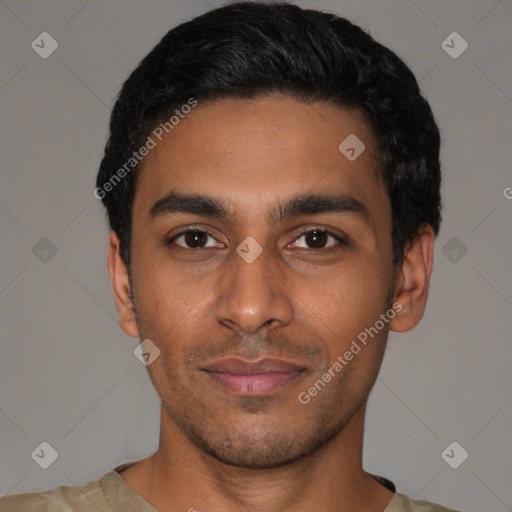 Neutral latino young-adult male with short  black hair and brown eyes