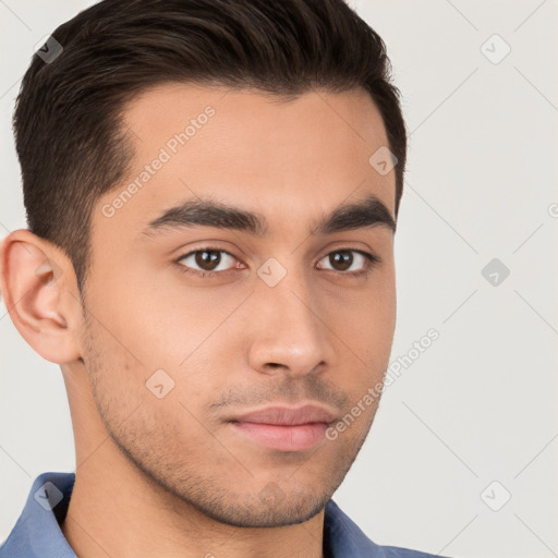 Neutral white young-adult male with short  brown hair and brown eyes