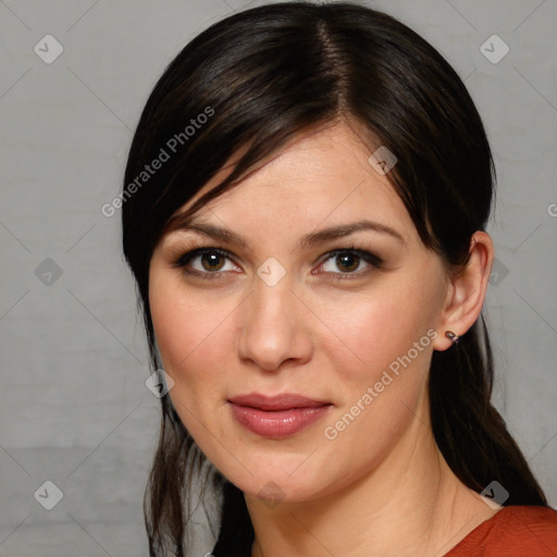 Joyful white young-adult female with medium  brown hair and brown eyes