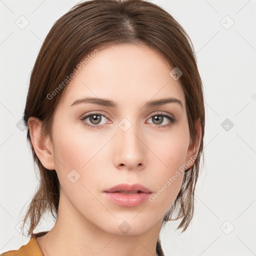 Neutral white young-adult female with medium  brown hair and brown eyes