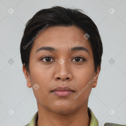 Neutral asian young-adult female with short  brown hair and brown eyes