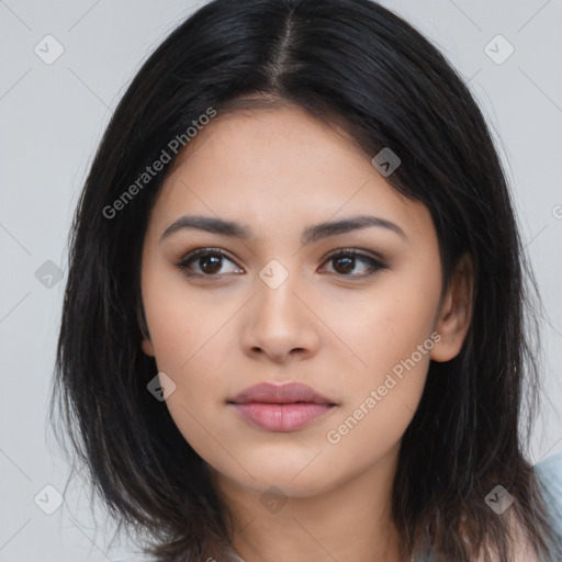 Neutral latino young-adult female with long  black hair and brown eyes