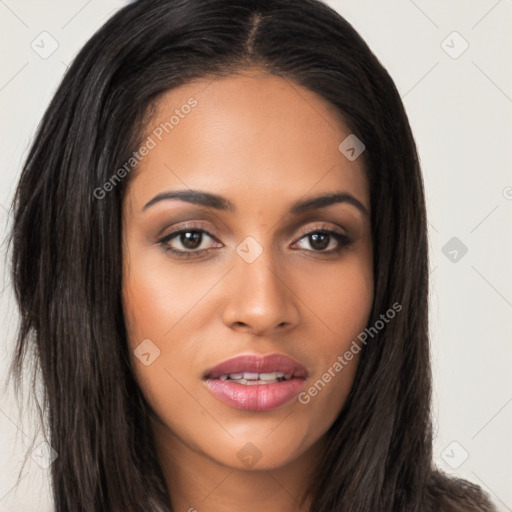 Joyful latino young-adult female with long  brown hair and brown eyes