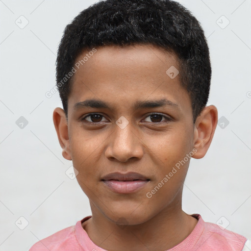 Joyful black young-adult male with short  brown hair and brown eyes