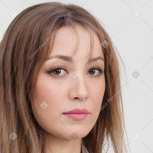 Neutral white young-adult female with long  brown hair and brown eyes