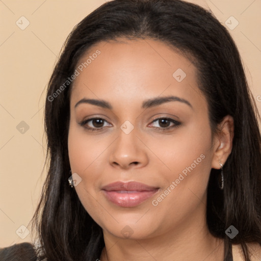 Joyful latino young-adult female with long  brown hair and brown eyes