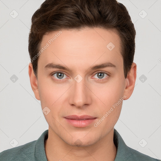 Neutral white young-adult male with short  brown hair and brown eyes