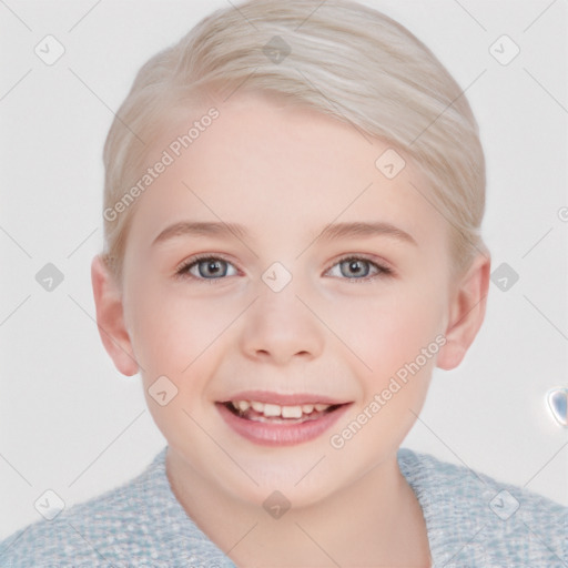 Joyful white child female with medium  brown hair and blue eyes