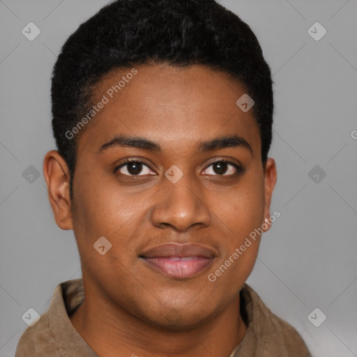 Joyful black young-adult male with short  brown hair and brown eyes