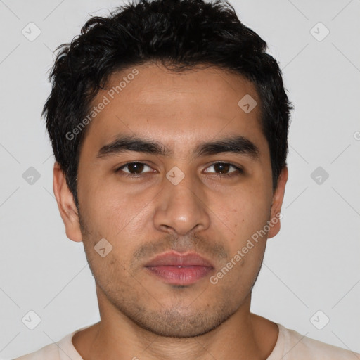 Neutral latino young-adult male with short  black hair and brown eyes