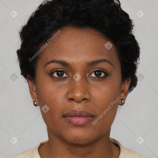 Neutral black young-adult female with short  black hair and brown eyes