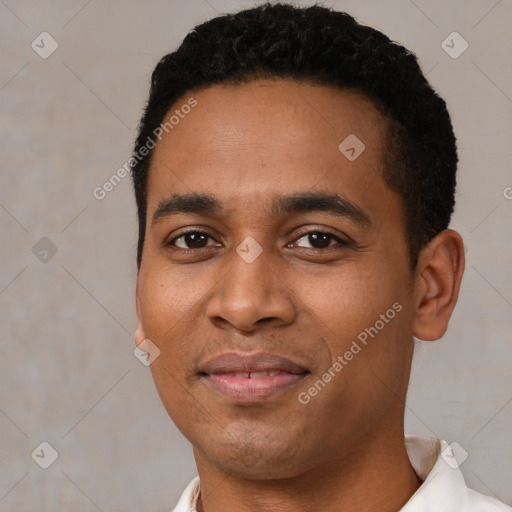 Neutral latino young-adult male with short  black hair and brown eyes