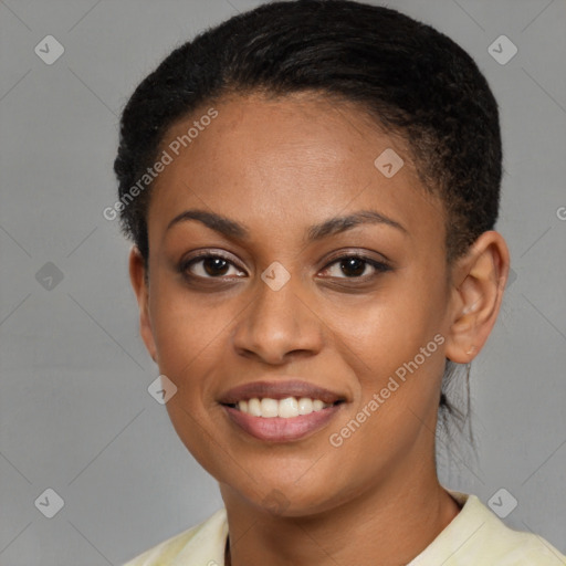 Joyful latino young-adult female with short  brown hair and brown eyes