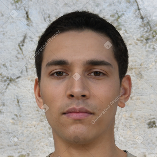 Neutral asian young-adult male with short  black hair and brown eyes