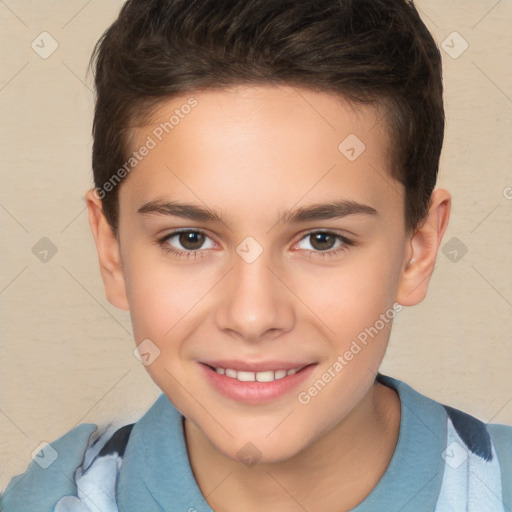 Joyful white child female with short  brown hair and brown eyes