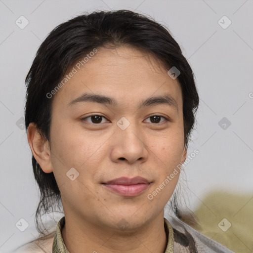 Joyful asian young-adult male with short  brown hair and brown eyes