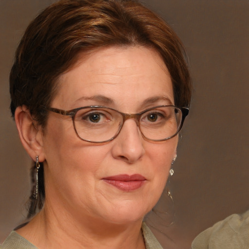 Joyful white middle-aged female with medium  brown hair and blue eyes