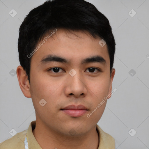 Neutral asian young-adult male with short  brown hair and brown eyes