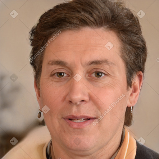 Joyful white adult male with short  brown hair and grey eyes