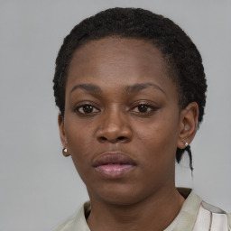 Neutral black young-adult female with short  black hair and brown eyes