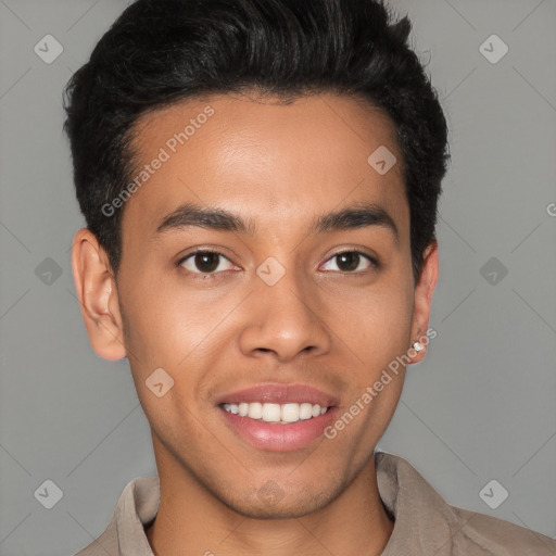 Joyful latino young-adult male with short  brown hair and brown eyes