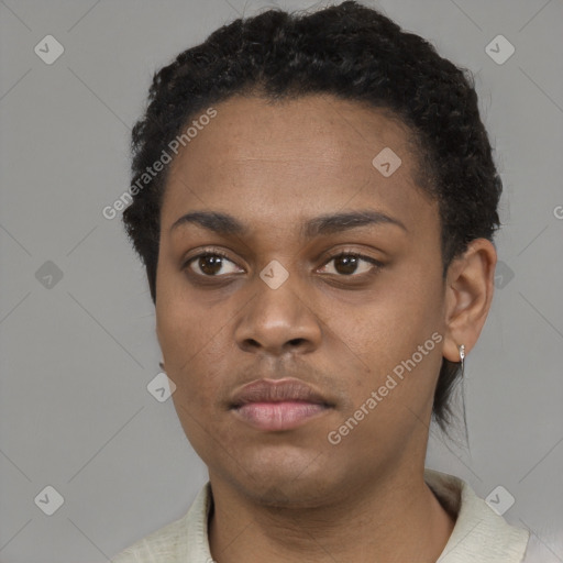 Neutral black young-adult female with short  black hair and brown eyes