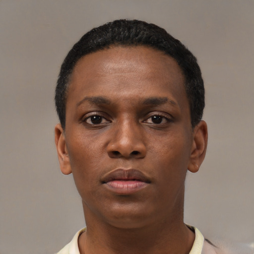 Neutral black young-adult female with short  black hair and brown eyes
