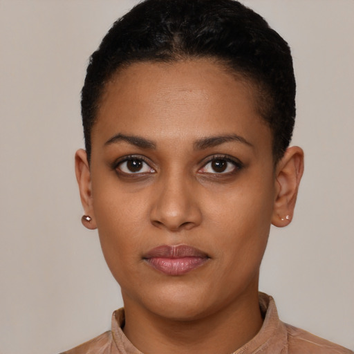 Neutral latino young-adult female with short  black hair and brown eyes