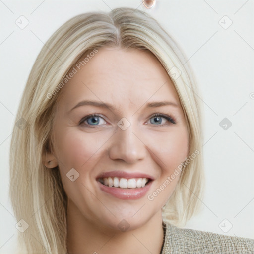 Joyful white young-adult female with long  brown hair and blue eyes