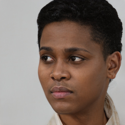 Neutral black young-adult male with short  black hair and brown eyes