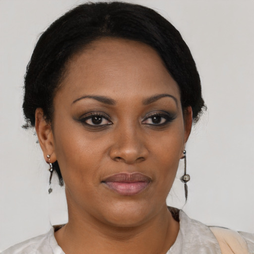 Joyful black young-adult female with short  black hair and brown eyes