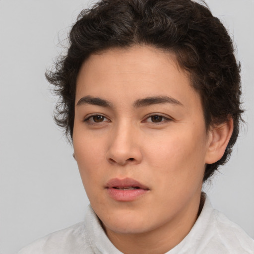 Neutral latino young-adult female with short  brown hair and brown eyes