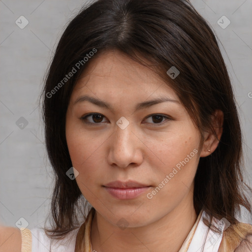 Neutral white young-adult female with medium  brown hair and brown eyes