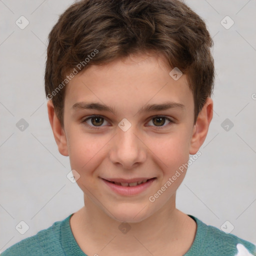 Joyful white child male with short  brown hair and brown eyes