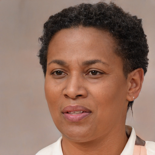 Joyful black adult female with short  brown hair and brown eyes