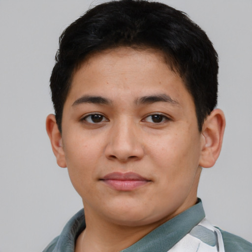 Neutral asian young-adult male with short  brown hair and brown eyes